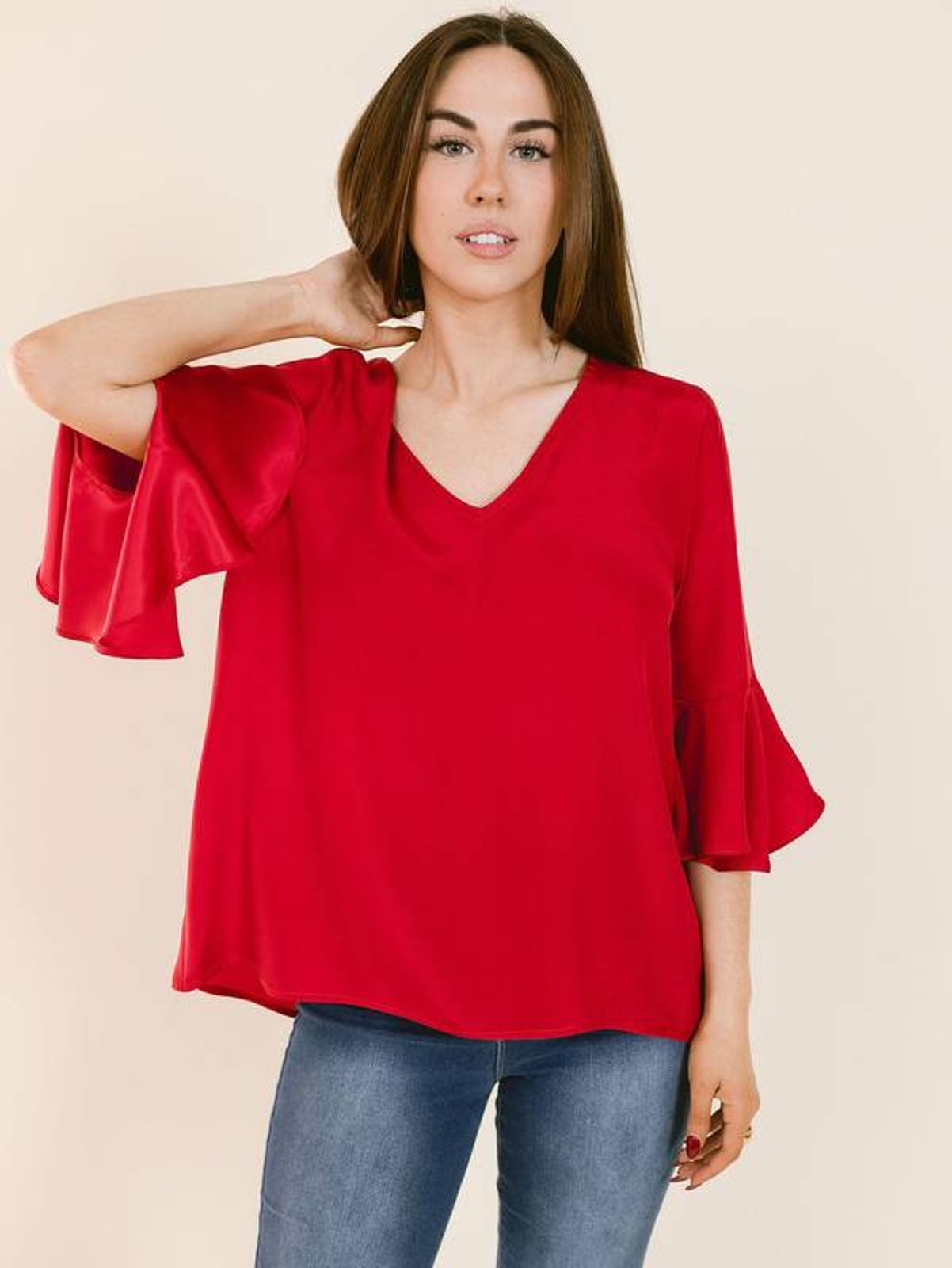 Laroque Red Silk Peasant Park Top Blouse Nwt 3/4 Sleeve One Size